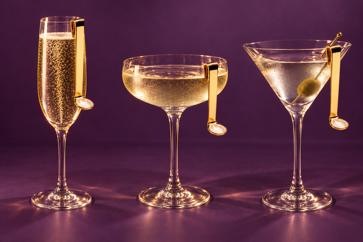 Caviar Side Car Spoon clipped to a champagne flute, coupe glass, and martini glass